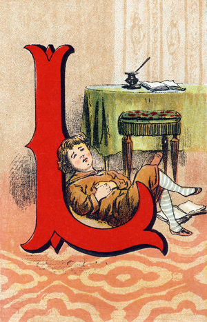 Lettre L. jeune garcon paresseux endormi au lieu de faire ses devoirs. Gravure (Chromolithographie - Chromo) in ""Le grand alphabet de Bebe"". Paul Bernardin, libraire-editeur, Paris, vers 1900. Bibliotheque des bebes. 12 pages. Album contenant une methode de lecture simplifiee et un abecedaire illustre. Dim : 28,5x19cm. Collection privee 