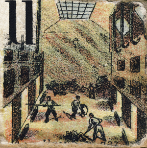 Letter U: gas plant. Alphabetical cubes. Box of 30 cubes dating from 1898. Cover illustrated by H. Roy. Unknown publisher. A face of 24 cubes is dedicated to the metiers. Private collection.