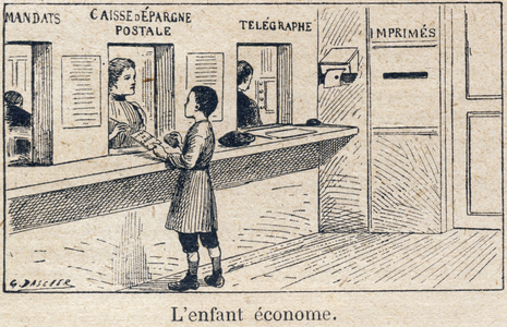 Devoirs envers soi-meme : le corps. economie - epargne. L'enfant econome. Gravure in ""Le livre unique de morale et d'instruction civique, destine aux eleves des trois cours de l'Ecole primaire et a ceux des classes primaires des Lycees et Colleges, Premiere Partie : Morale"" par A. Poignet (Inspecteur primaire Officier de l'Instruction publique) et H. Bernat (Instituteur). Ouvrage redige conformement aux instructions donnees par l'inspection generale, en 1893, sur l'enseignement de la morale. Edition de 1919 (dix-septieme). Godchaux et Cie, imprimeurs-editeurs , Paris. Dessins de G. Dascher, graves par Bordier. Collection privee 