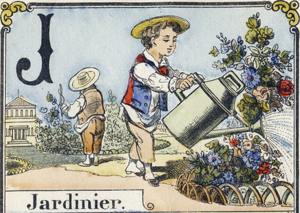Letter J: gardener. Recreative alphabet. Epinal imaging. Stencilled wood engravings, circa 1880. Small booklet of 16 pages