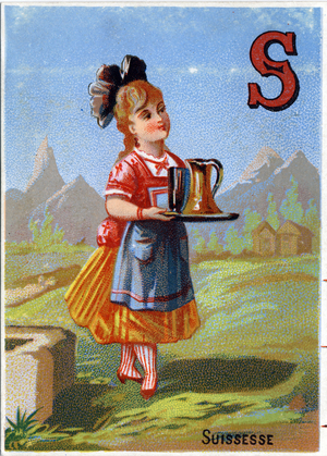 S as Swiss. Alphabet illustrates each letter representing a child in a suit. Chromolithography of H. Battle, late 19th century. Abeedaire consists of 25 advertising images. Dim: 10x7cm