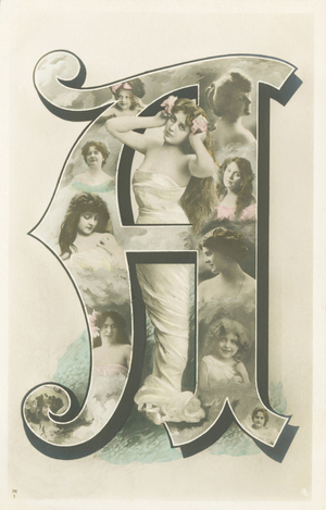 A: photo-portrait of a woman standing in a long white drape, 1905 (postcard)