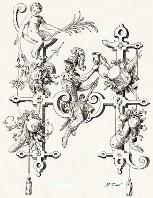 H - Soldier en armour (Holopherne) -  Alphabet by T. de Bry (new artistic alphabet), 1880 (engraving)