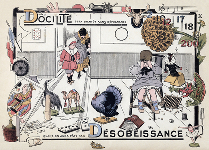 Lettre D : DOCILITE sera bientot sans repugnance quand on aura pati par DESOBEISSANCE. Gravure in ""ABC. Alphabet des bons conseils et des fautes a eviter"". Ch. (Charles) Ramel et Cie, editeurs, Paris, vers 1919. Illustrations de Henri Gray (Henri Boulanger, 1858-1924). Album de 52 pages sur le theme des valeurs morales. Dim : 24 x 32 cm. Collection privee 