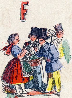 Letter F Flowers. Engraving in "Alphabet des jeux"”. Mr. Vagne, editor, Pont-a-Mousson, late 19th century. Pink series. 12 pages. Album containing a simplified reading method and an illustrated abecedary. Dim: 16,5x11cm