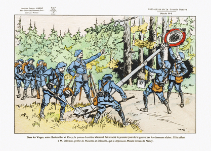 "Sous la mitraille"; In the Vosges, between Badonviller and Cirey, the German border post was ripped off on the first day of the war by the Alpine fighters, before 1920 (lithograph)