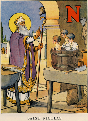 Letter N: Saint Nicholas of Myra (270-345), in Alphabet des saints, 1932 (engraving)
