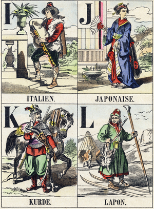 Lettres I, J, K et L : Italien ; Japonaise ; Kurde ; Lapon (italian, japanese, kurd and laponese) - "Grand alphabet des nations" end of 19th century (engraving)