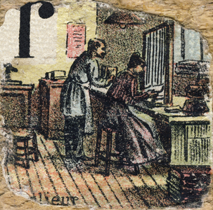 Letter R: a binder (binding). Alphabetical cubes. Box of 30 cubes dating from 1898. Cover illustrated by H. Roy. Unknown publisher. A face of 24 cubes is dedicated to the metiers. Private collection.