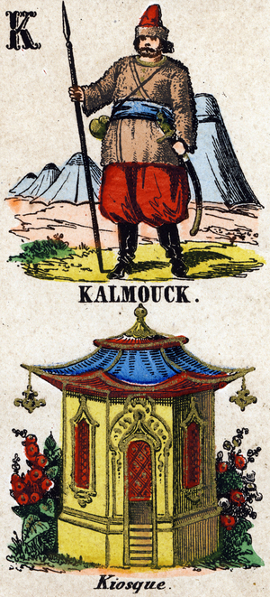 Letter K like Kalmouck and kiosk. Small encyclopedic alphabet, c.1860 (Epinal print)