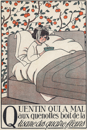 Lettre Q : Quentin qui a mal aux quenottes boit de la tisane des quatre fleurs.Gravure in ""Alphabet en images"" par Marie Madeleine Franc-Nohain (Franc Nohain, 1879 - 1942). Librairie Larousse, editeur, Paris, 1924. 32 pages. Dim : 31,5x24,5cm. Collection privee