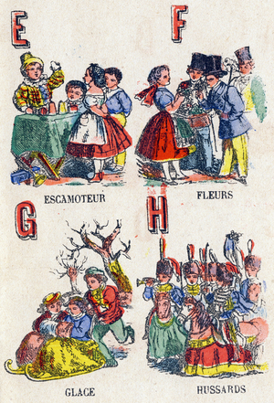 Letters E F G H: E Retractor; F Flowers; G Ice; H Hussards. Engraving in "Alphabet des jeux"”. Mr. Vagne, editor, Pont-a-Mousson, late 19th century. Pink series. 12 pages. Album containing a simplified reading method and an illustrated abecedary. Dim: 16,5x11cm