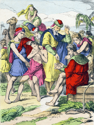 Joseph sold by his brothers. Engraving in “The main facts of holy history". Epinal Imaging, 4th Series. Pellerin and Cie, printer-publisher, Epinal. End of the 19th century. Dim: 5,5x3,5cm