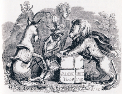 Tribute sent by the animals to Alexander (Tribut envoye par les animaux a Alexandre) - Fables by La Fontaine, 19th century (engraving)