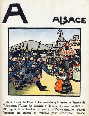 First World War 1914-1918 (14-18): Letter A like Alsace. The troops of the French army crossed the border to regain Alsace from the Germans. Engraving in “” Alphabet of the Great War 1914-1916 (for the children of our soldiers)””. Editions Berger-Levrault, 1918. Texts and drawings by Andre Helle (1871-1945). Dim: 32x25cm, 32 pages. Private collection. Rights reserved