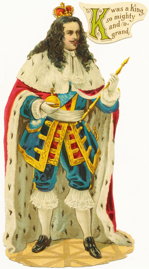 K was a king, so mighty and grand - Alphabetical Characters Sheet , c.1890 (chromolithograph)