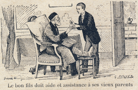 Les devoirs de l'enfant dans la famille : Secours Assistance. Le bon fils doit aide et assistance a ses vieux parents. Gravure in ""Le livre unique de morale et d'instruction civique, destine aux eleves des trois cours de l'Ecole primaire et a ceux des classes primaires des Lycees et Colleges, Premiere Partie : Morale"" par A. Poignet (Inspecteur primaire Officier de l'Instruction publique) et H. Bernat (Instituteur). Ouvrage redige conformement aux instructions donnees par l'inspection generale, en 1893, sur l'enseignement de la morale. Edition de 1919 (dix-septieme). Godchaux et Cie, imprimeurs-editeurs , Paris. Dessins de G. Dascher, graves par Bordier. Collection privee 