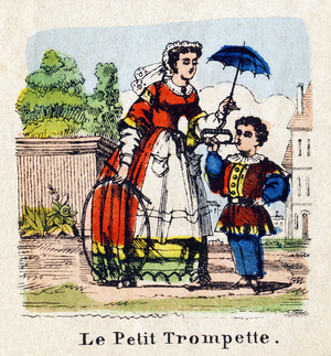 Le petit trompette . Gravure in "Alphabet des petits garcons". Imprimerie Lithographie Olivier-Pinot, Editeur, Epinal. Serie Colibris. Petit album contenant des pages illustrees, un alphabet, un syllabaire, des mots syllabes et quelques phrases. 8 pages. Dim : 9,3x9 cm