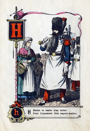 Letter H as "  Axe and beard of a metre, make the ornament of a master sapeur ".Comic abecedaryc.1850-1860 (Epinal print)