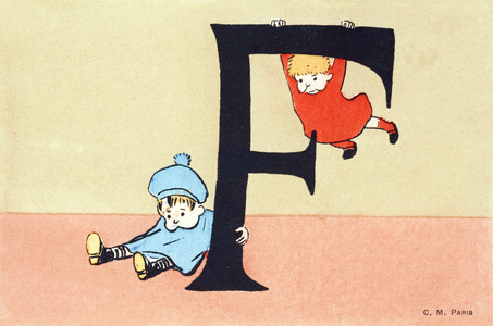 F comme funambule - Alphabet enfants. C. M. editeur, Paris. Cartes postales peintes e la main, affranchies en 1904. Dimensions : 14 x 9 cm