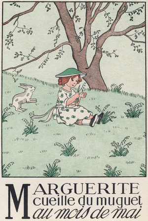 Lettre M : Marguerite cueille du muguet au mois de mai. Gravure in ""Alphabet en images"" par Marie Madeleine Franc-Nohain (Franc Nohain, 1879 - 1942). Librairie Larousse, editeur, Paris, 1924. 32 pages. Dim : 31,5x24,5cm. Collection privee