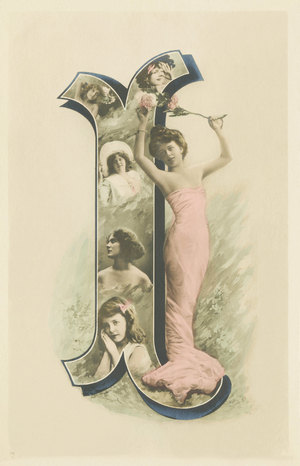 I : photo-portrait of a woman standing in a long pink drape and holding flowers, 1905 (postcard)