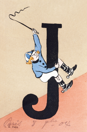 J comme jockey - Alphabet enfants. C. M. editeur, Paris. Cartes postales peintes e la main, affranchies en 1904. Dimensions : 14 x 9 cm