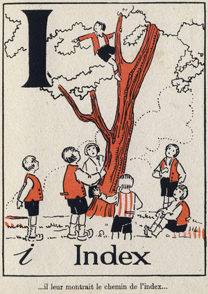 Letter I: "Index", in L'ABC du Pepetit Poucet, 1928 (engraving)