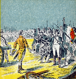 The Hundred Days: Defeat of Napoleon I Bonaparte to Waterloo in 1815. Engraving in “Histoire de France". Series of advertising images published on behalf of Louit, 24 rue d'Eysines-a-Bordeaux, circa 1920. Total image size: 7.8x5.5 cm .