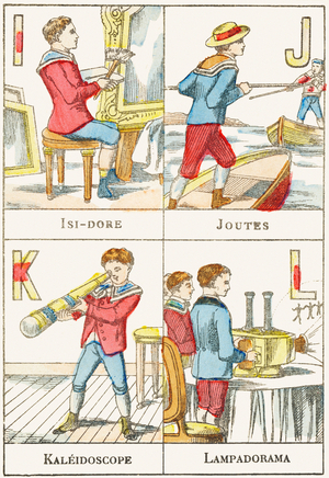 I J K L ; I : Isidore ; J : Joutes ; K : Kaleidoscope ; L : Lampadorama - Gravure extraite de "Alphabet des jeux ", , vers 1890