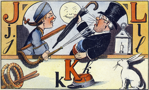 Letter J, K and L (juggling, judge and kepi then moon, rabbit, lamp, spear), c.1920 (print)