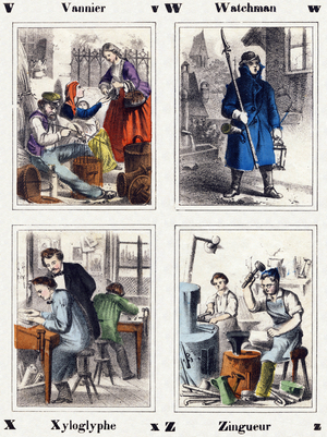 Illustration for "Abecedaire des arts et metiers pour teaching à lire", 1866 (engraving)