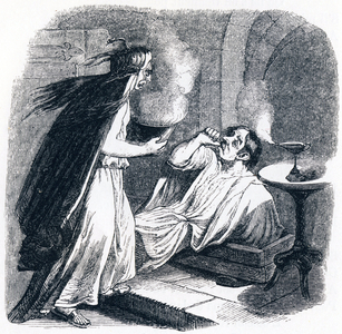 The drunken man and his wife (L'ivrogne et sa femme) - Fables by La Fontaine, 19th century (engraving)