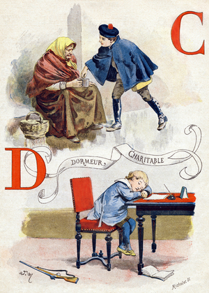 Lettre C et D :  Charitable et dormeur. Gravure in ""Alphabet usuel"". Illustrations sur le theme des qualites et defauts chez les enfants. A. Quantin, imprimeur-editeur, 1885. Collection : l'Encyclopedie enfantine. Illustrateur : Adrien Marie (1848-1891) et graveur : Michelet. 28 pages. Dim : 24x18cm. Collection privee