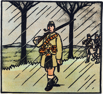 First World War 1914-1918 (14-18): Highlander. The soldiers from Scotland came to help the French army. Their military uniform consists of one kilt. Engraving in “” Alphabet of the Great War 1914-1916 (for the children of our soldiers)””. Editions Berger-Levrault, 1918. Texts and drawings by Andre Helle (1871-1945). Dim: 32x25cm, 32 pages. Private collection. Rights reserved