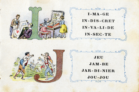 Letters I and J as image and game. Alphabet de la Phosphatine Falieres Alphabet brevete S.G.D.G. by pharmacist Pierre Emile Falieres . Illustrations in chromolithography, late 19th century