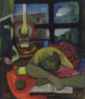 Child with Oil Lamp, c.1945-50 (oil on hardboard)