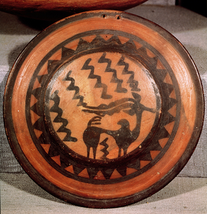 Cover of a funerary urn depicting an ibex and a geometric pattern, from the Indus Valley, Pakistan, 3000-1500 BC (ceramic)