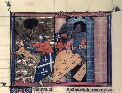 Fr 22495 fol.115r Mounted Crusaders fighting against the Saracens in c.1185, from Le Roman de Godefroi de Bouillon (vellum)