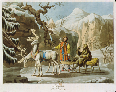 Yakuts of central Siberia in winter landscape, clad in furs and with a reindeer sledge, published 1813 (aquatint)