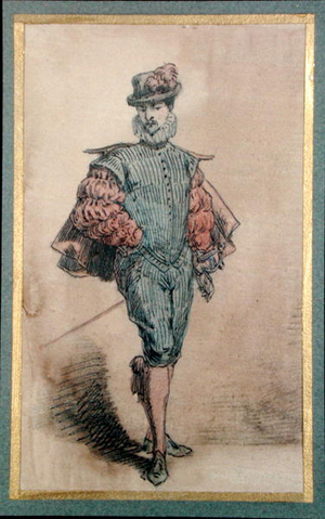 Male character in historical costume (pencil, ink & w/c on paper)