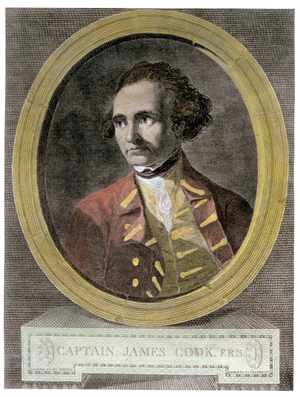 Portrait of Captain James Cook (1728-79), from the frontispiece of 'Journey Round the World to the South Pole' (engraving) (later colouration)
