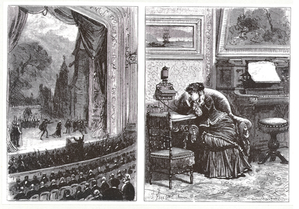 A Woman listening to an opera performance in her own home by means of the Ader-Bell telephone and Ader's arrangement for music transmission, from 'Les Nouvelles Conquetes de la Science' by Louis Figuier, 1883 (engraving)