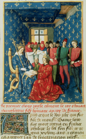 Fr 6465 fol.301v Edward I (1239-1307) pays homage to the King of France, Philippe IV le Bel (1268-1314), for the Duchy of Aquitaine (vellum)