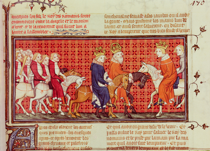 Meeting between Charles V (1338-80) of France and Holy Roman Emperor Charles IV (1316-78) Accompanied by the King of the Romans, from Grandes Chroniques de France (vellum)