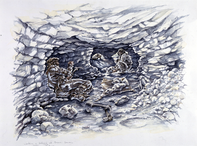 Working a gallery in Grimes Graves (w/c on paper)