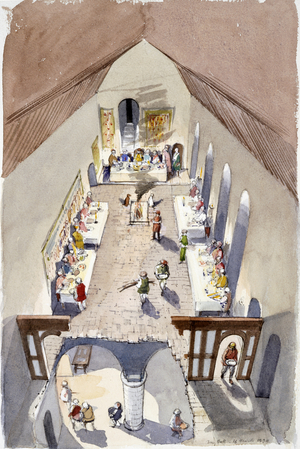 Interior of the keep hall at Middleham Castle, 1994 (w/c on paper)