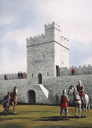 Pickering Castle - Tower with knights in the foreground (w/c on paper)