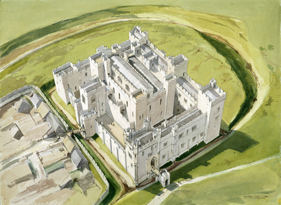 Aerial view of Middleham Castle in c.1460 (w/c on paper)