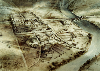 Chesters - Aerial view of a fort on Hadrian's Wall, 1966 (w/c & ink on paper)